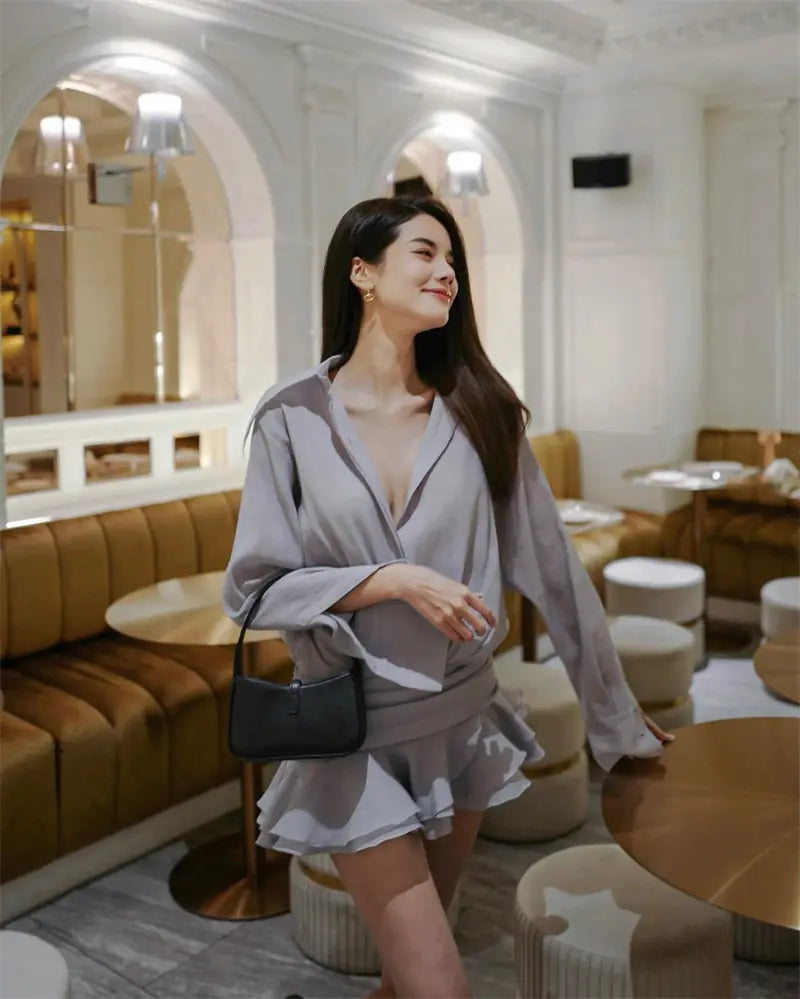 Elegant White V-Neck Ruffled Dress for Women 2024