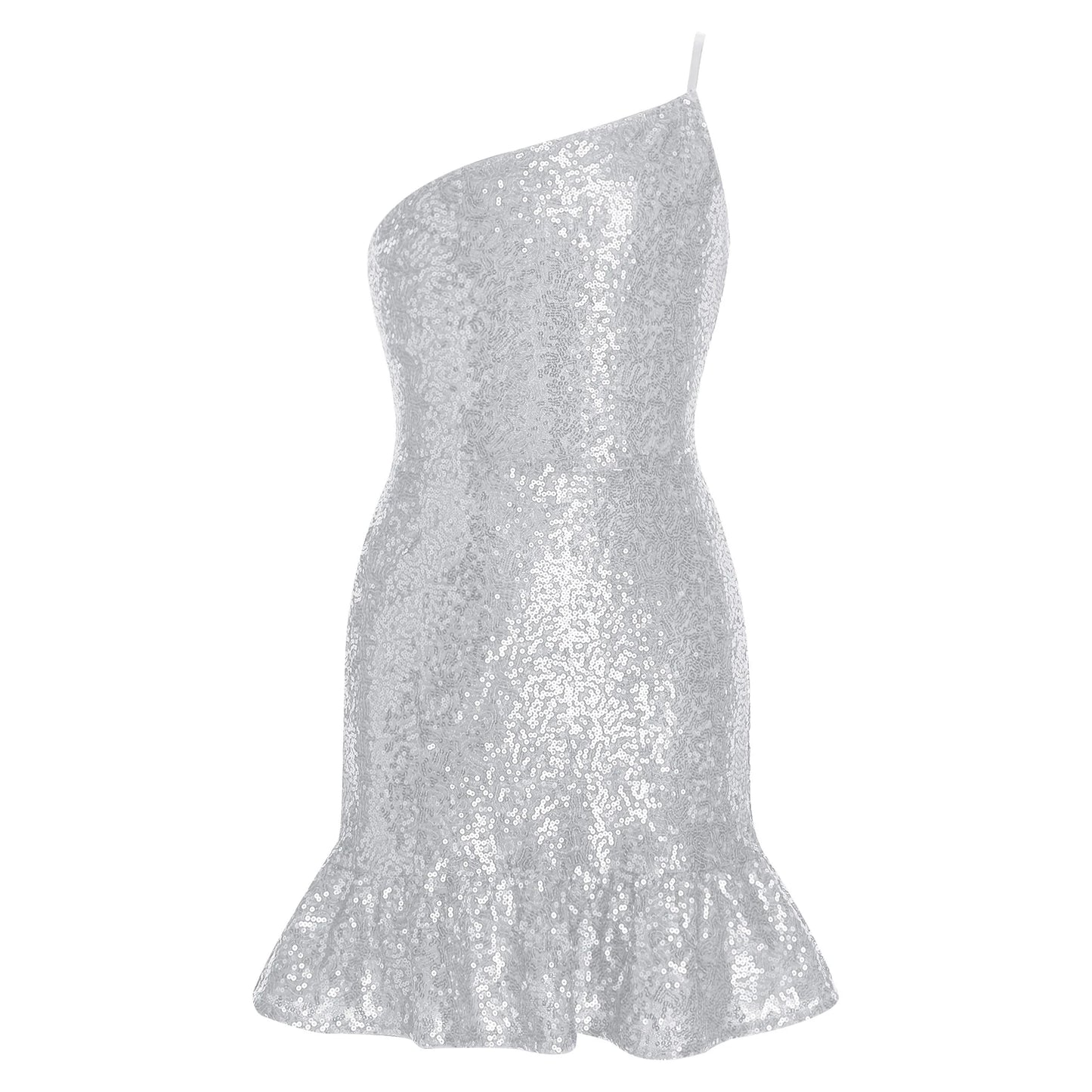 Girls Birthday Robes Dance Sequins Mini Dress One Shoulder Sleeveless Ruffled Hem Wedding Party Gown Glittery Bodycon Dress