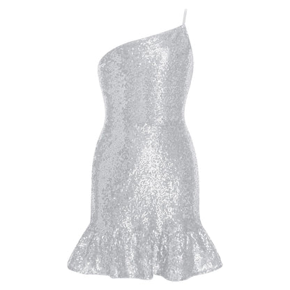 Girls Birthday Robes Dance Sequins Mini Dress One Shoulder Sleeveless Ruffled Hem Wedding Party Gown Glittery Bodycon Dress