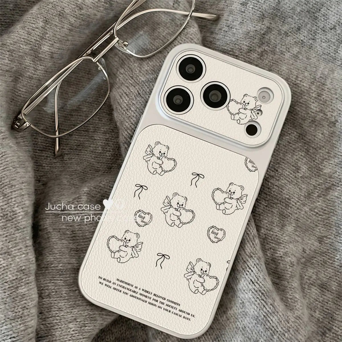 INS Korean White Love Angel Bear Advenced Leather Phone Case For iPhone 17 16 15 14 13 Pro Max Plus Shockproof Protective Cover
