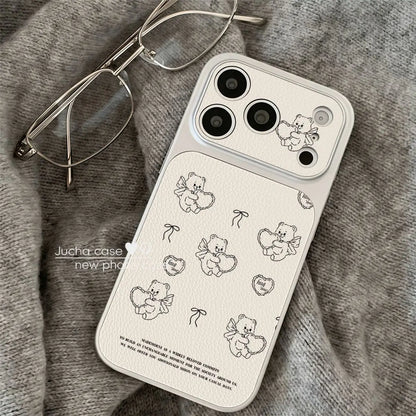 INS Korean White Love Angel Bear Advenced Leather Phone Case For iPhone 17 16 15 14 13 Pro Max Plus Shockproof Protective Cover