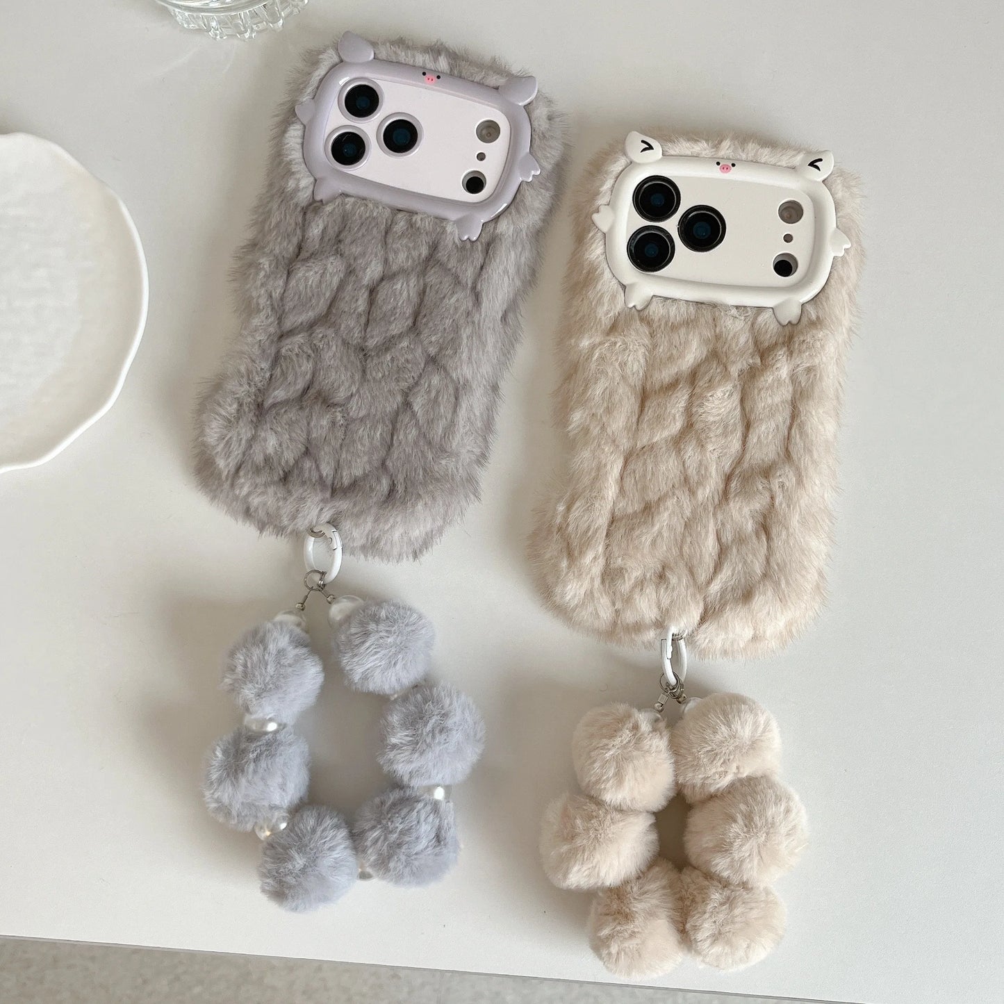 Adorable Pig Plush Shell for 17 pro max 16pro 15plus 14 13 Grid Smooth Soft Plush Cover Cute Animal Design Protective Case