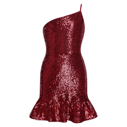 Girls Birthday Robes Dance Sequins Mini Dress One Shoulder Sleeveless Ruffled Hem Wedding Party Gown Glittery Bodycon Dress