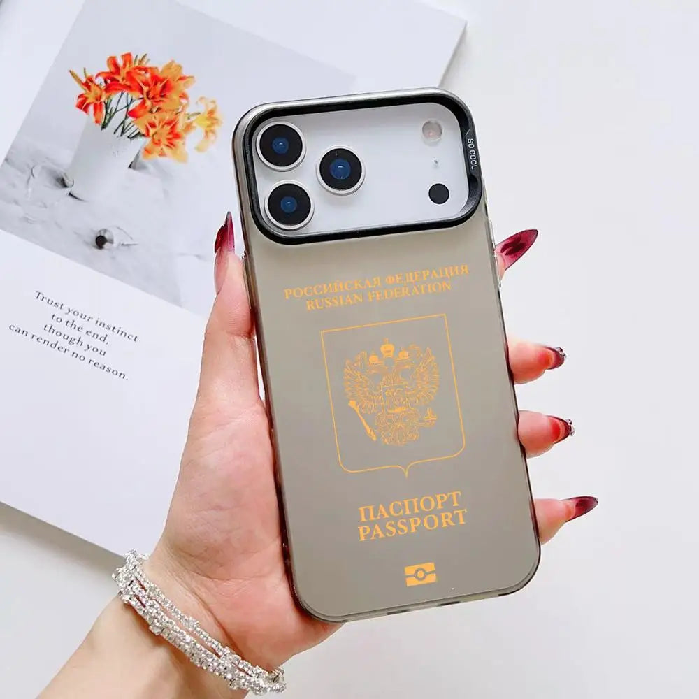 Russia Passport Design Phone Case For iPhone 17 16 15 14 13 12 11 Pro Max Air Colorful Matte Laser Aurora Shockproof Phone Case
