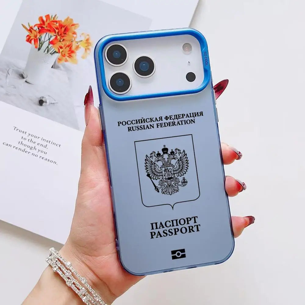Russia Passport Design Phone Case For iPhone 17 16 15 14 13 12 11 Pro Max Air Colorful Matte Laser Aurora Shockproof Phone Case