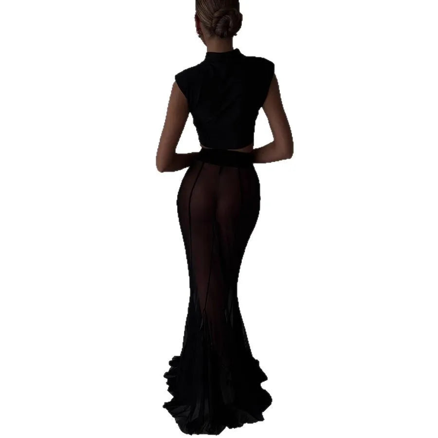 Women's Solid Color Skirt Two Piece Set Temperament Slim Blazer Coat See Through Mesh Package Hip Skirts 2 Piece Sets Streetwear