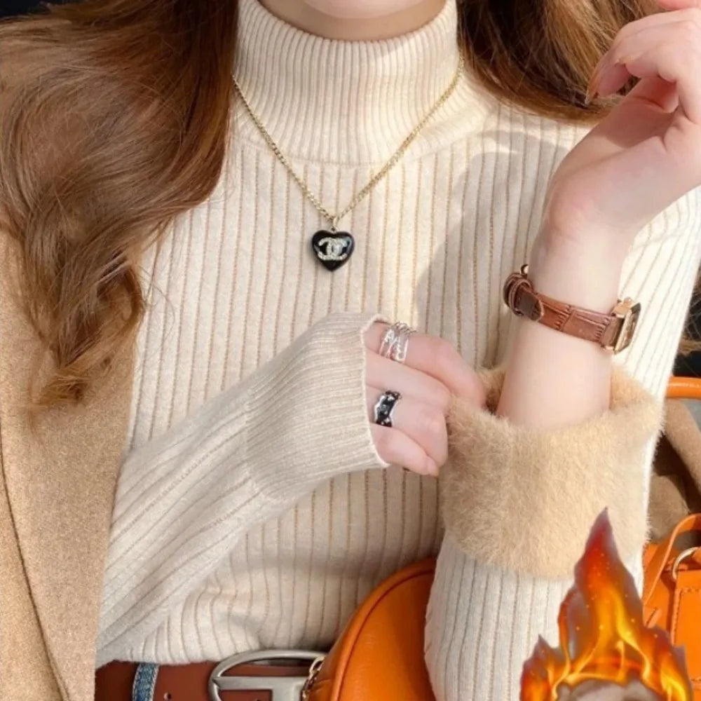 Women's Turtleneck Sweater Winter 2025 Retro with Velvet Lining Thickened Inner Wear Thermal Knitting Bottoming Shirt Pullovers