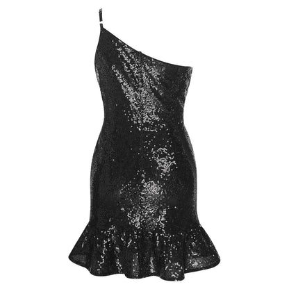Girls Birthday Robes Dance Sequins Mini Dress One Shoulder Sleeveless Ruffled Hem Wedding Party Gown Glittery Bodycon Dress