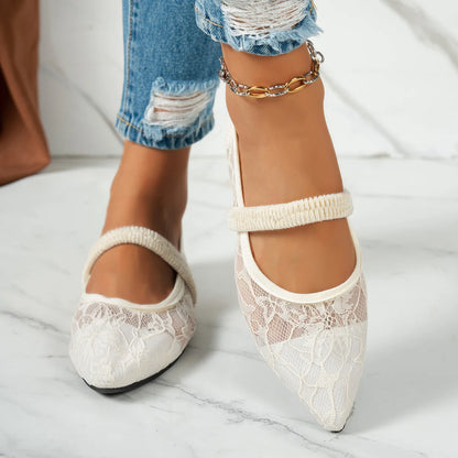 French Pointed-Toe Lace Mary Jane Shoes, Women's Flat Slip-On Low-Cut Single Shoes, Elegant New Style for Spring