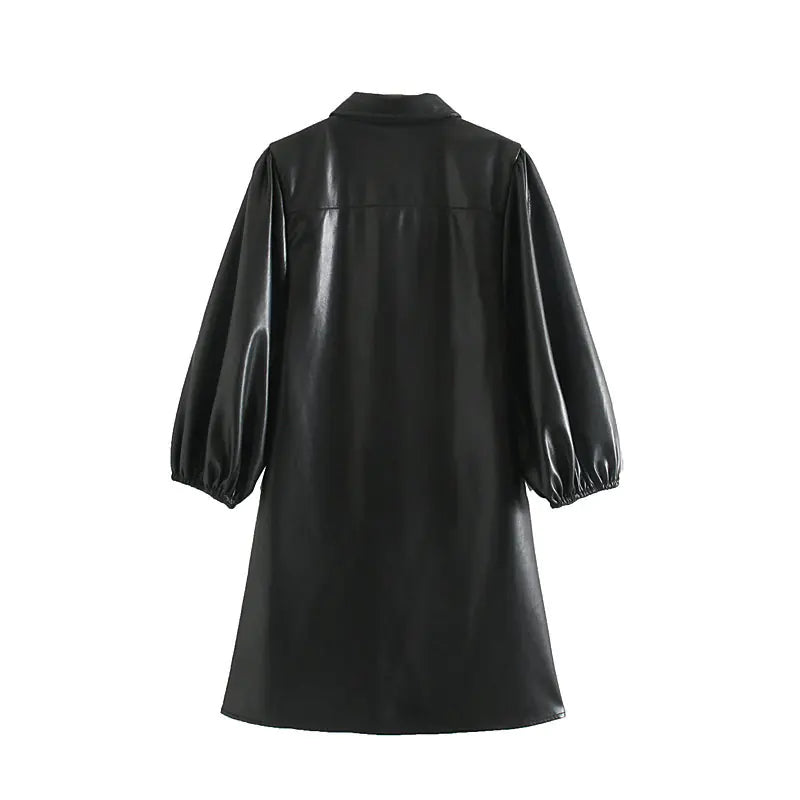 Women's PU Leather Long Sleeve Mini Dress with Buttons