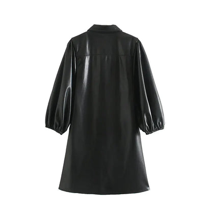 Women's PU Leather Long Sleeve Mini Dress with Buttons