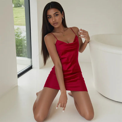 Women's Satin Slip Dress Sexy Backless Spaghetti Strap Nightgown Loungewear Sexy Solid Color Mini Dress Night Club Robes Female