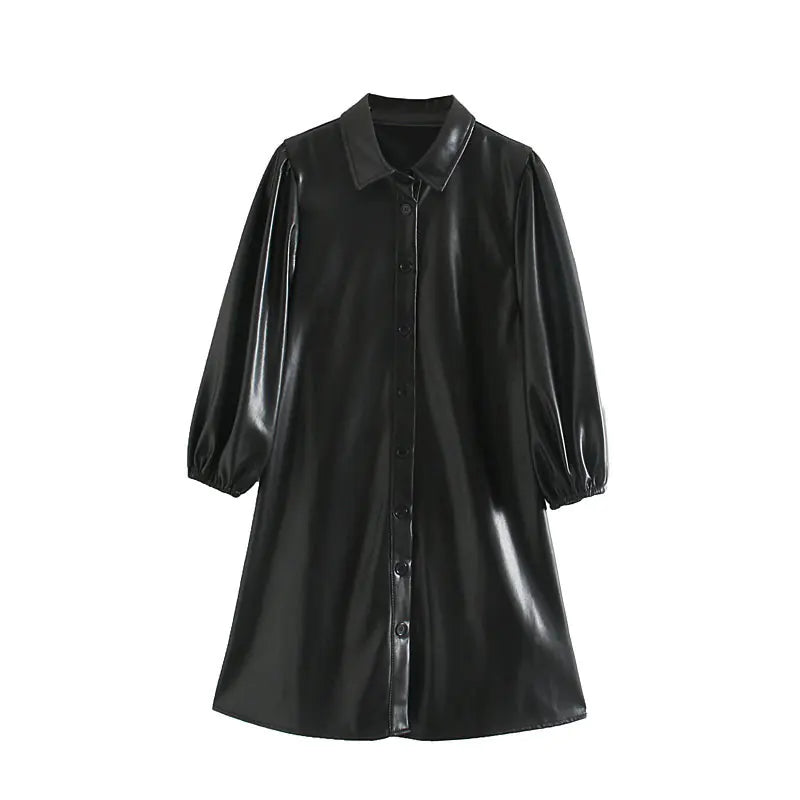 Women's PU Leather Long Sleeve Mini Dress with Buttons
