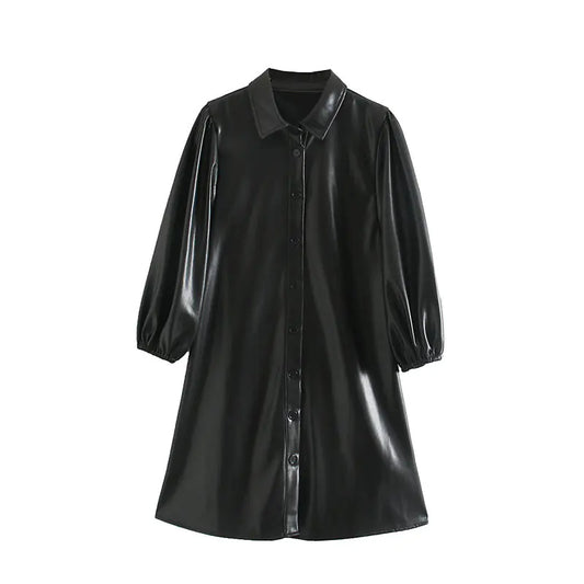 Women's PU Leather Long Sleeve Mini Dress with Buttons