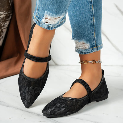 French Pointed-Toe Lace Mary Jane Shoes, Women's Flat Slip-On Low-Cut Single Shoes, Elegant New Style for Spring