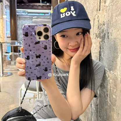 Ins Cute Girl Flower Purple Full Screen Cat Phone Case For iPhone 17 AIR 16 15 14 13 12 11 Pro XR XS Max 7 8 Plus Mini Y2K Cover
