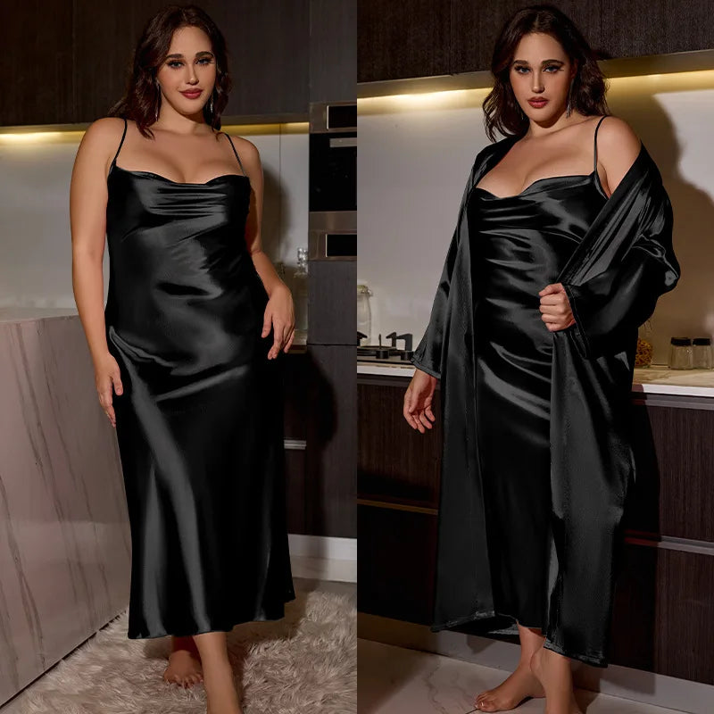 Big Size Women Nightwear Long Dress and Bathrobe Set for Ladies Pajamas Spring Summer Sexy Comfortable Home Wear Plus Size 2pcs