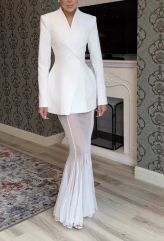 Women's Solid Color Skirt Two Piece Set Temperament Slim Blazer Coat See Through Mesh Package Hip Skirts 2 Piece Sets Streetwear