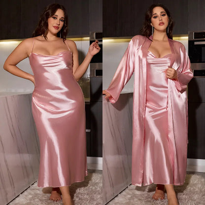 Big Size Women Nightwear Long Dress and Bathrobe Set for Ladies Pajamas Spring Summer Sexy Comfortable Home Wear Plus Size 2pcs