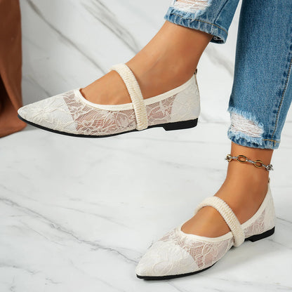French Pointed-Toe Lace Mary Jane Shoes, Women's Flat Slip-On Low-Cut Single Shoes, Elegant New Style for Spring