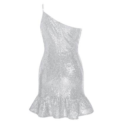 Girls Birthday Robes Dance Sequins Mini Dress One Shoulder Sleeveless Ruffled Hem Wedding Party Gown Glittery Bodycon Dress