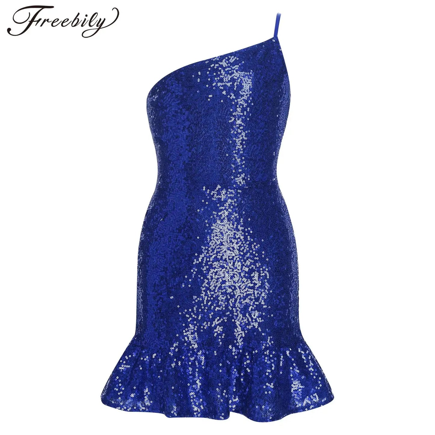 Girls Birthday Robes Dance Sequins Mini Dress One Shoulder Sleeveless Ruffled Hem Wedding Party Gown Glittery Bodycon Dress