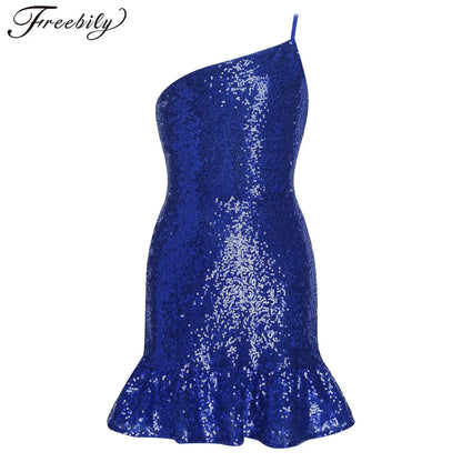Girls Birthday Robes Dance Sequins Mini Dress One Shoulder Sleeveless Ruffled Hem Wedding Party Gown Glittery Bodycon Dress