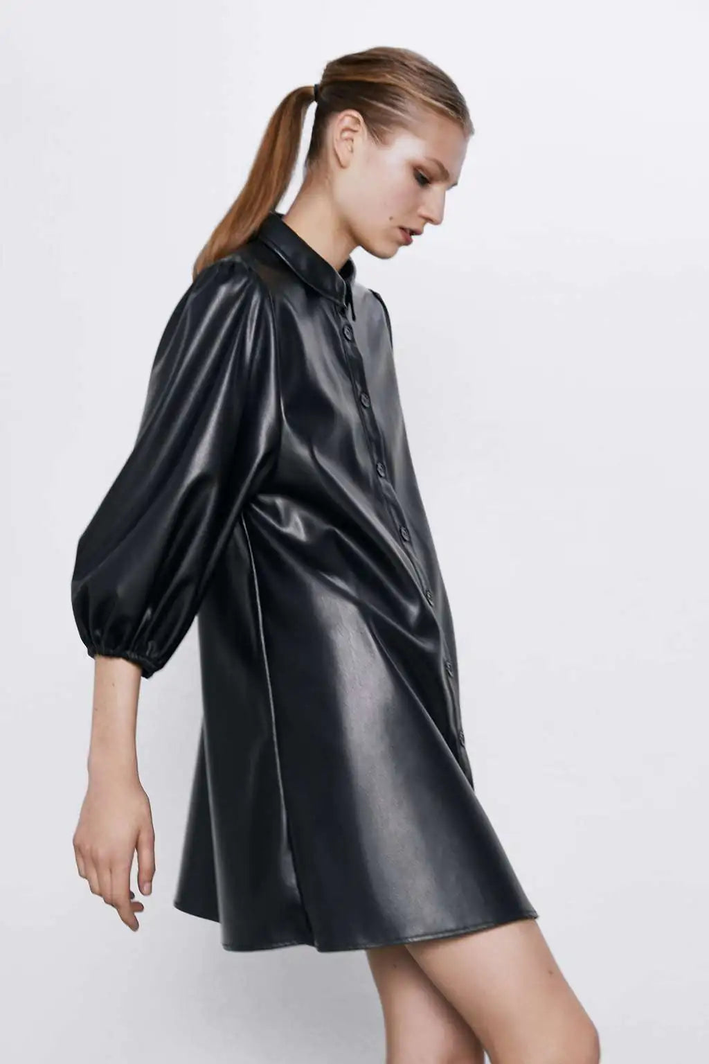 Women's PU Leather Long Sleeve Mini Dress with Buttons