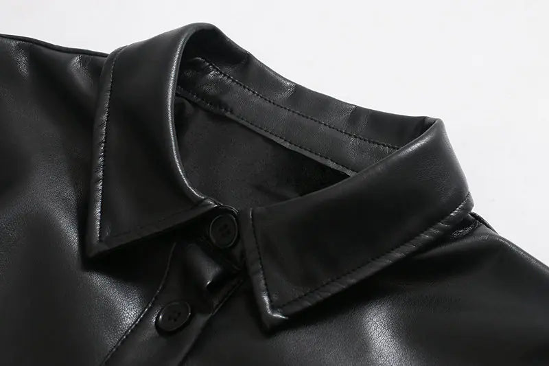 Women's PU Leather Long Sleeve Mini Dress with Buttons