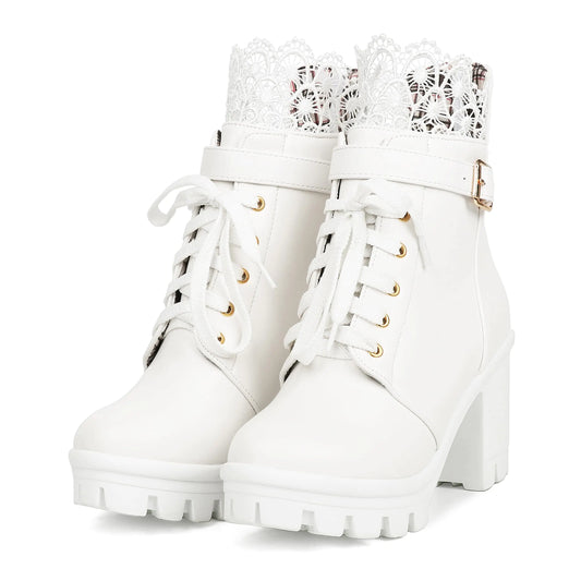 BEAUPAS Womens Platform High Heels Chunky Boots Lace Up Gothic Ankle Booties Block Heel Buckle Punk White Boots for Women Shoes(White8.5)