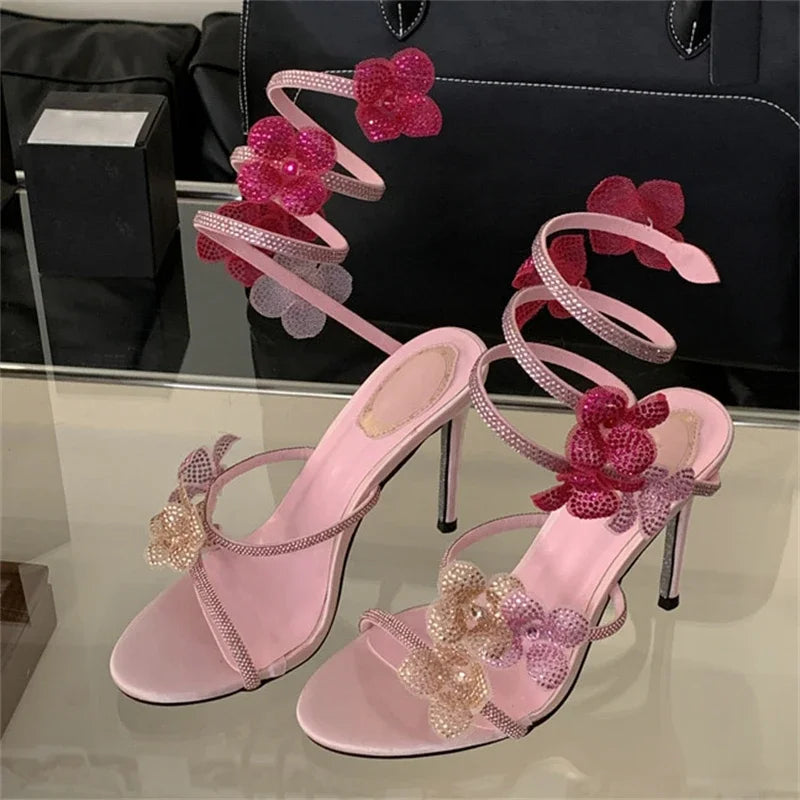 Aneikeh 2026 Summer Open Toe Ankle Strap Female Sandals Shoes Street Style CRYSTAL Narrow Band Thin High Heels Women Sandals