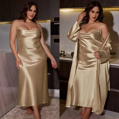 Big Size Women Nightwear Long Dress and Bathrobe Set for Ladies Pajamas Spring Summer Sexy Comfortable Home Wear Plus Size 2pcs