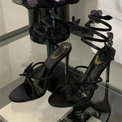 Aneikeh 2026 Summer Open Toe Ankle Strap Female Sandals Shoes Street Style CRYSTAL Narrow Band Thin High Heels Women Sandals