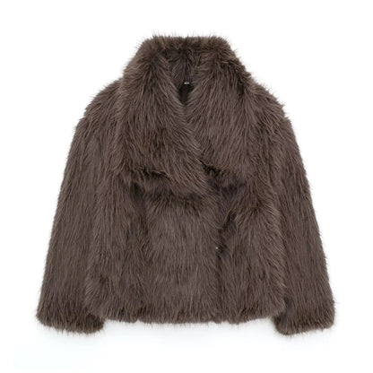 HH Women Fashion Cropped Faux Fur Jacket Coat Long Sleeve Front Snap-button Female Outerwear Chic Lapel Collar Thick Coat