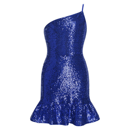 Girls Birthday Robes Dance Sequins Mini Dress One Shoulder Sleeveless Ruffled Hem Wedding Party Gown Glittery Bodycon Dress