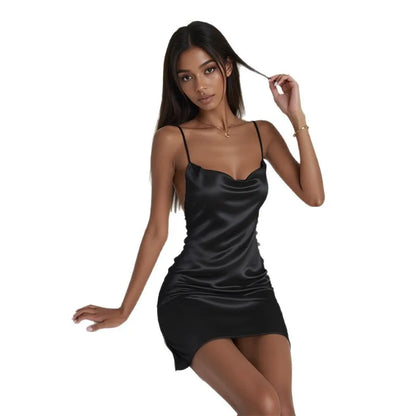 Women's Satin Slip Dress Sexy Backless Spaghetti Strap Nightgown Loungewear Sexy Solid Color Mini Dress Night Club Robes Female