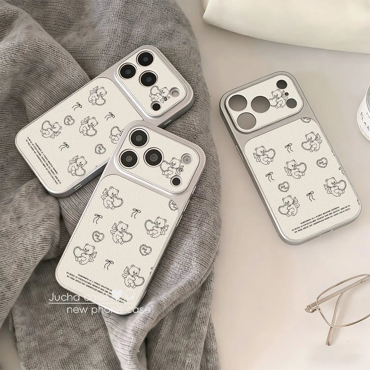 INS Korean White Love Angel Bear Advenced Leather Phone Case For iPhone 17 16 15 14 13 Pro Max Plus Shockproof Protective Cover