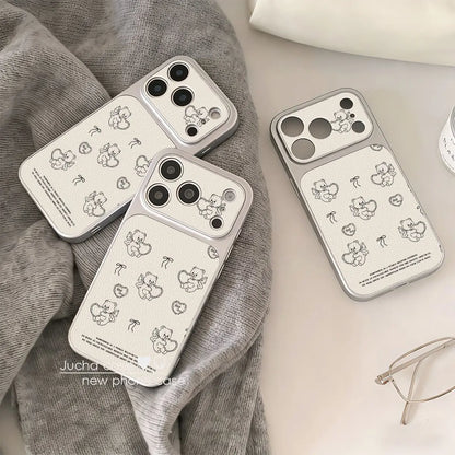 INS Korean White Love Angel Bear Advenced Leather Phone Case For iPhone 17 16 15 14 13 Pro Max Plus Shockproof Protective Cover