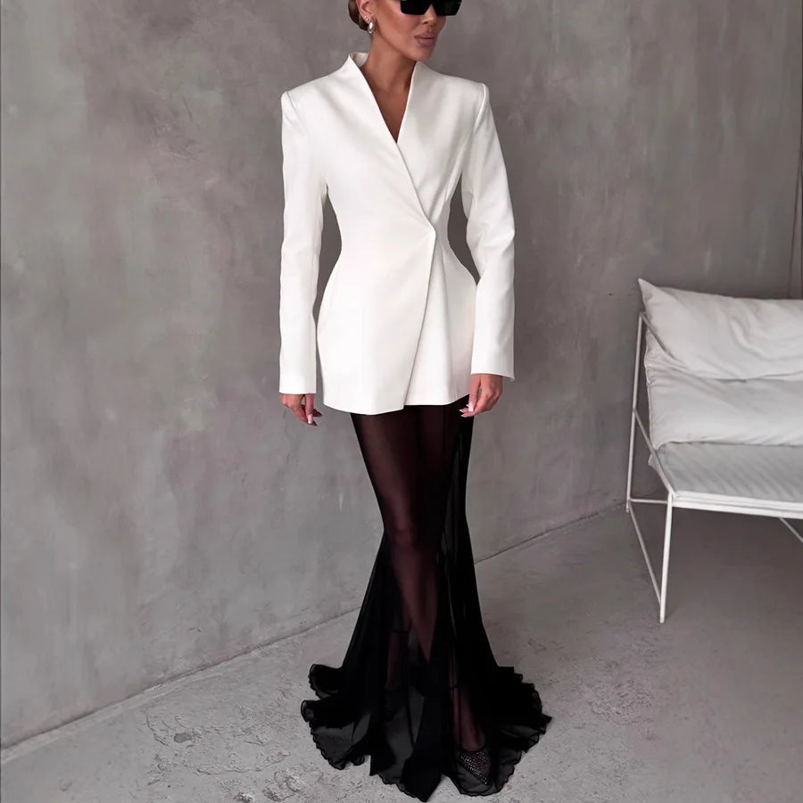 Women's Solid Color Skirt Two Piece Set Temperament Slim Blazer Coat See Through Mesh Package Hip Skirts 2 Piece Sets Streetwear