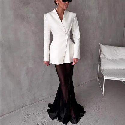 Women's Solid Color Skirt Two Piece Set Temperament Slim Blazer Coat See Through Mesh Package Hip Skirts 2 Piece Sets Streetwear