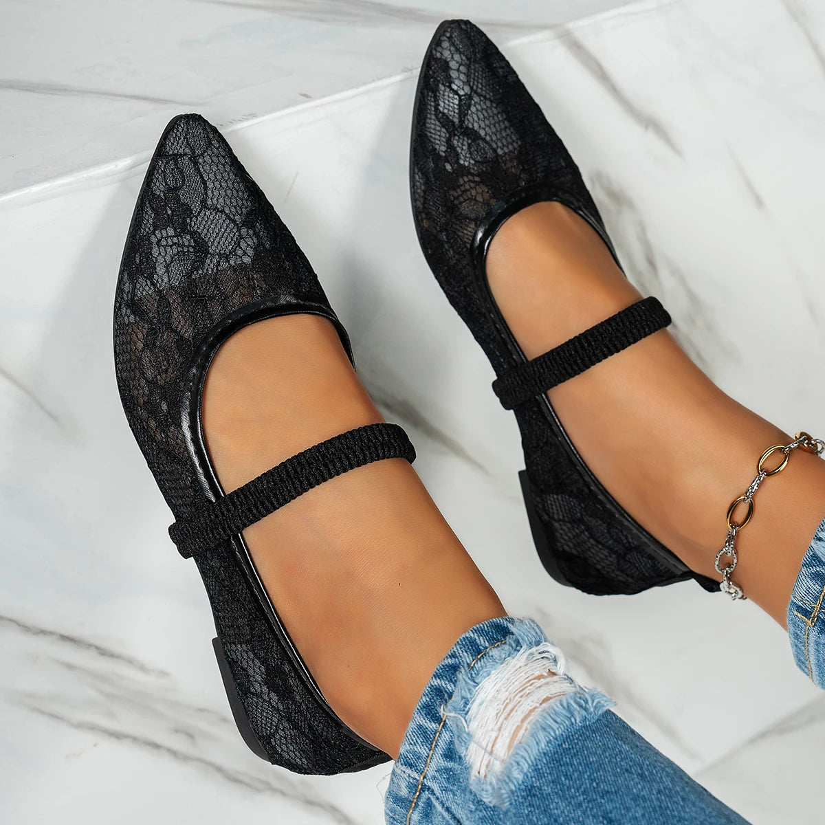 French Pointed-Toe Lace Mary Jane Shoes, Women's Flat Slip-On Low-Cut Single Shoes, Elegant New Style for Spring