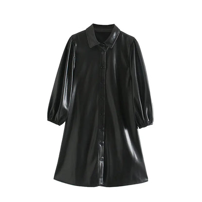 Women's PU Leather Long Sleeve Mini Dress with Buttons