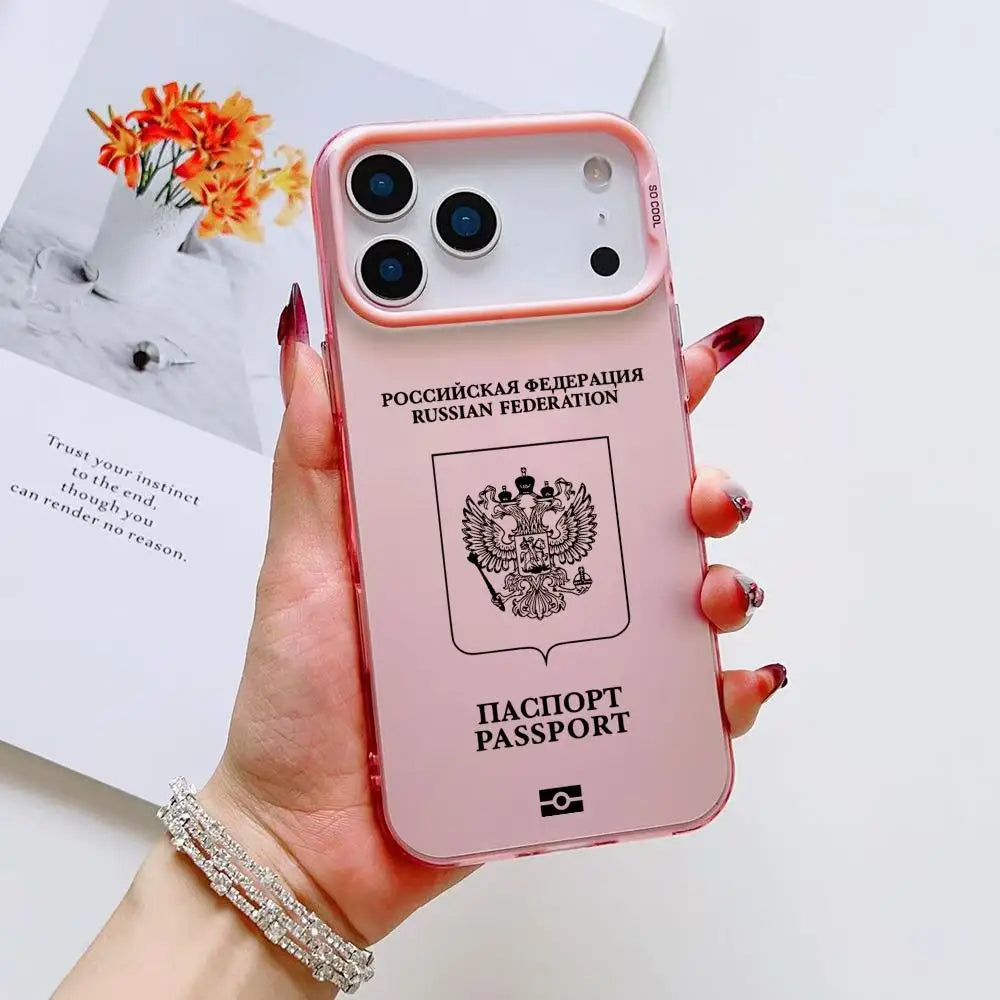 Russia Passport Design Phone Case For iPhone 17 16 15 14 13 12 11 Pro Max Air Colorful Matte Laser Aurora Shockproof Phone Case