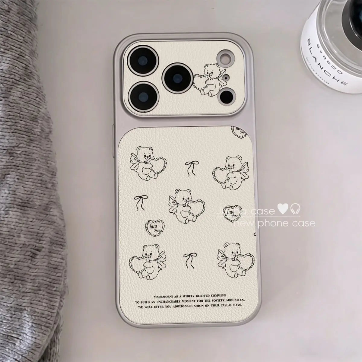 INS Korean White Love Angel Bear Advenced Leather Phone Case For iPhone 17 16 15 14 13 Pro Max Plus Shockproof Protective Cover