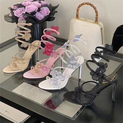 Aneikeh 2026 Summer Open Toe Ankle Strap Female Sandals Shoes Street Style CRYSTAL Narrow Band Thin High Heels Women Sandals