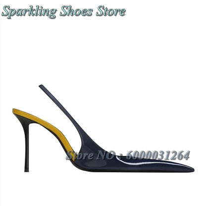 New Black Patent High Heels Patchwork Slingbacks Shallow Pointy Toe Women Stiletto Sandals 2026 Summer Sexy Dress Designer Shoes