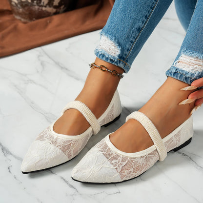 French Pointed-Toe Lace Mary Jane Shoes, Women's Flat Slip-On Low-Cut Single Shoes, Elegant New Style for Spring