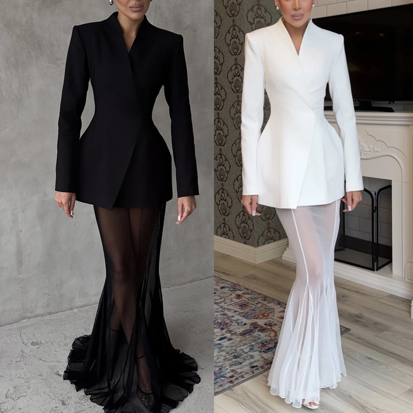 Women's Solid Color Skirt Two Piece Set Temperament Slim Blazer Coat See Through Mesh Package Hip Skirts 2 Piece Sets Streetwear