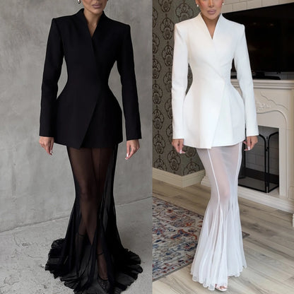 Women's Solid Color Skirt Two Piece Set Temperament Slim Blazer Coat See Through Mesh Package Hip Skirts 2 Piece Sets Streetwear
