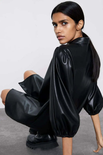 Women's PU Leather Long Sleeve Mini Dress with Buttons